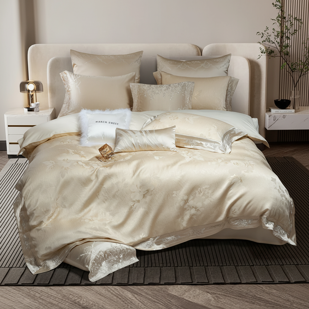 Champagne Jacquard Bedding – Overhead Diagonal