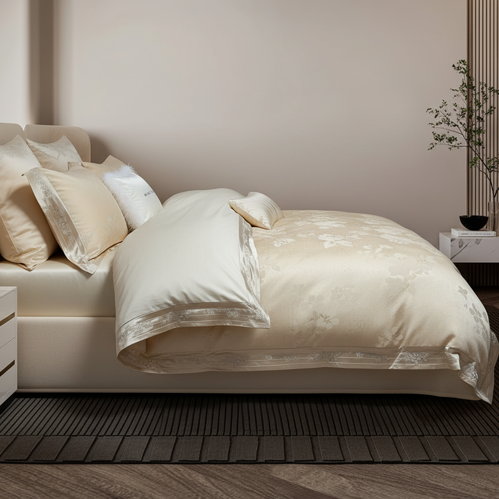 Champagne Jacquard Bedding – Right Side Profile