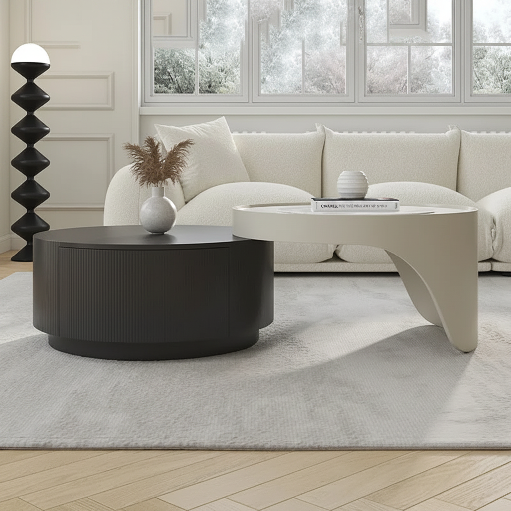 Charcoal & Cream Sculptural Tables – Front View