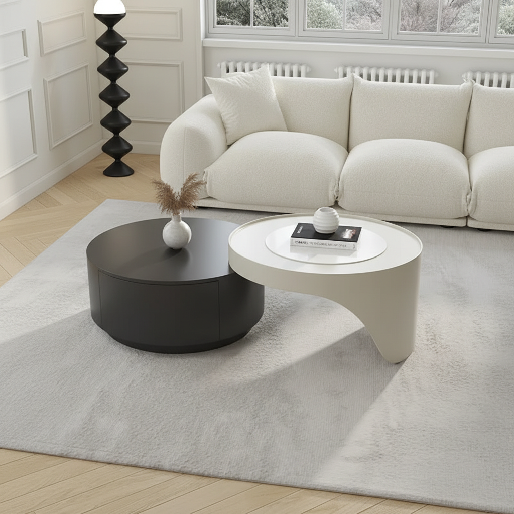 Charcoal & Cream Sculptural Tables – Overhead Diagonal