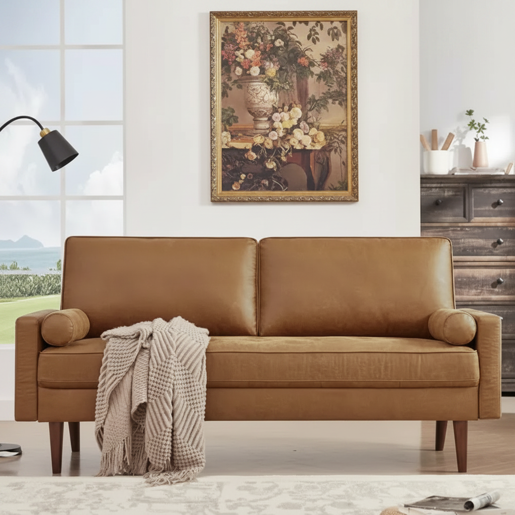 Cognac Mid-Century Sofa – Front View