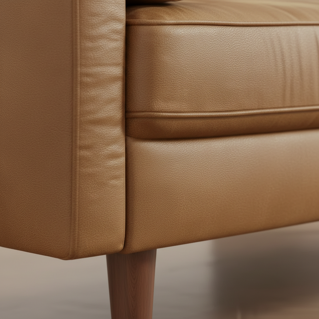 Cognac Mid-Century Sofa – Leather & Walnut Leg Close-Up