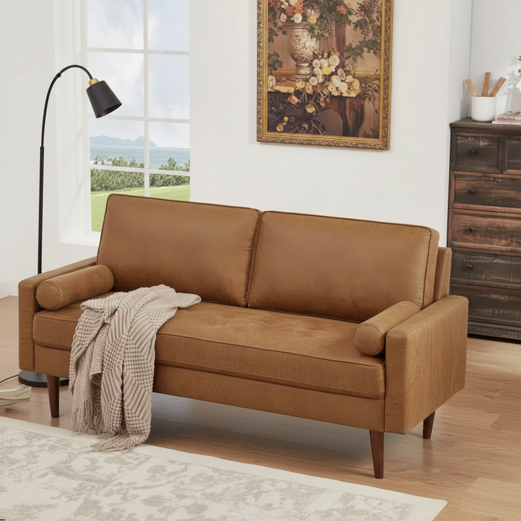 Cognac Mid-Century Sofa – Overhead Diagonal