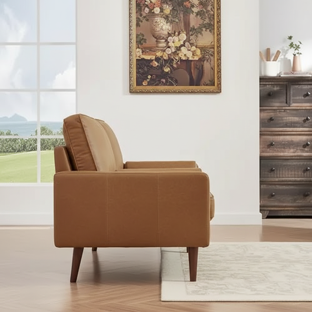Cognac Mid-Century Sofa – Side Profile