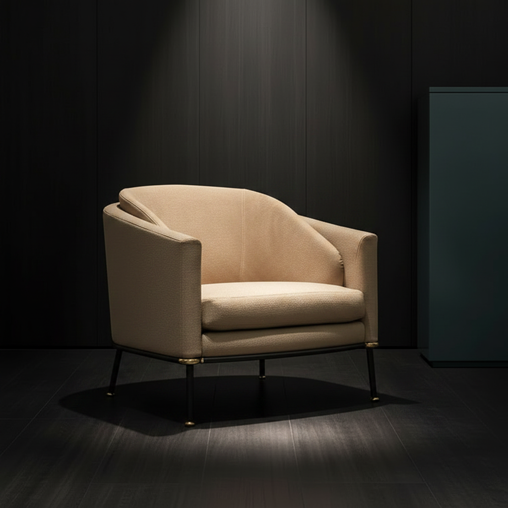 Cream Barrel Chair – Front-Left Diagonal Dark Room