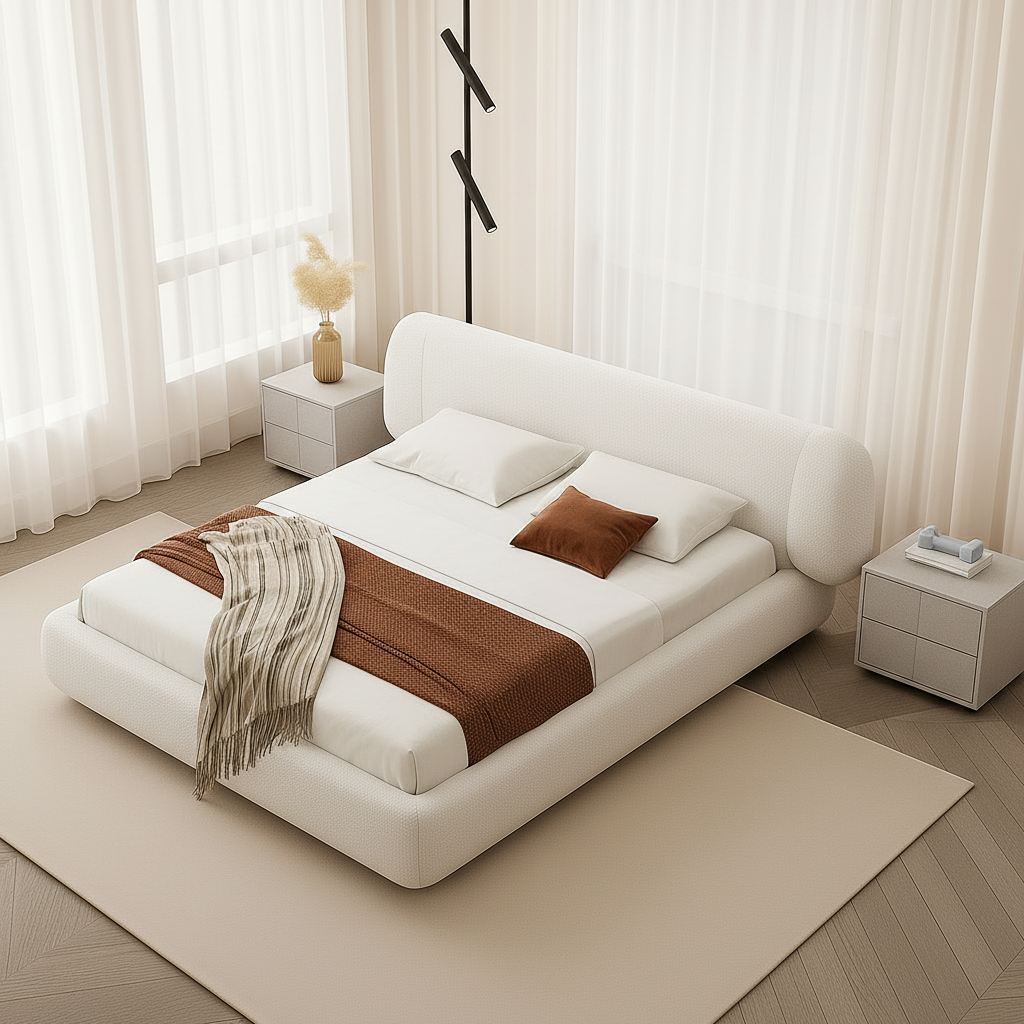 Cream bouclé bed aerial view