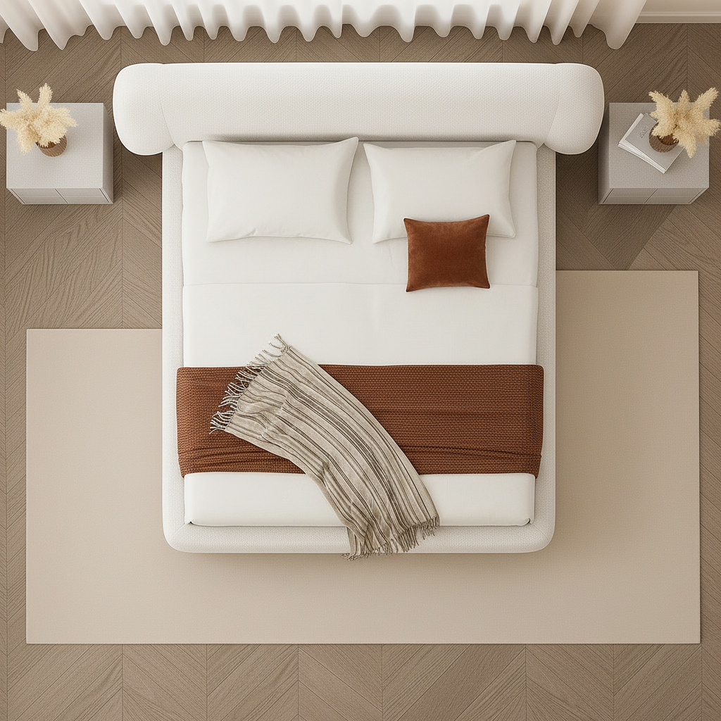 Cream bouclé bed overhead view