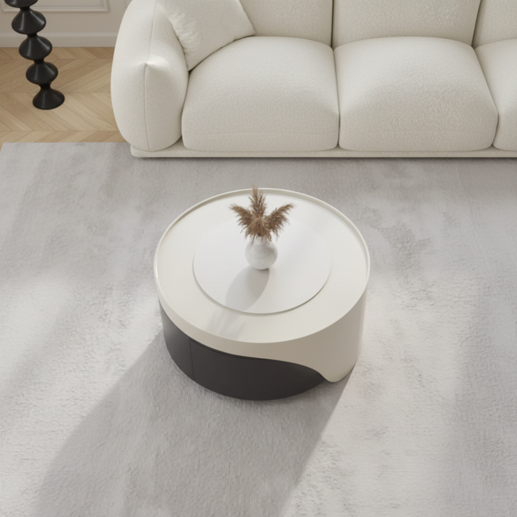 Cream & Charcoal Drum Table – Overhead