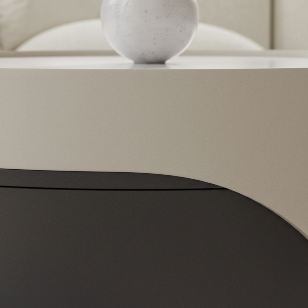 Cream & Charcoal Drum Table – S-Curve Seam Close-Up