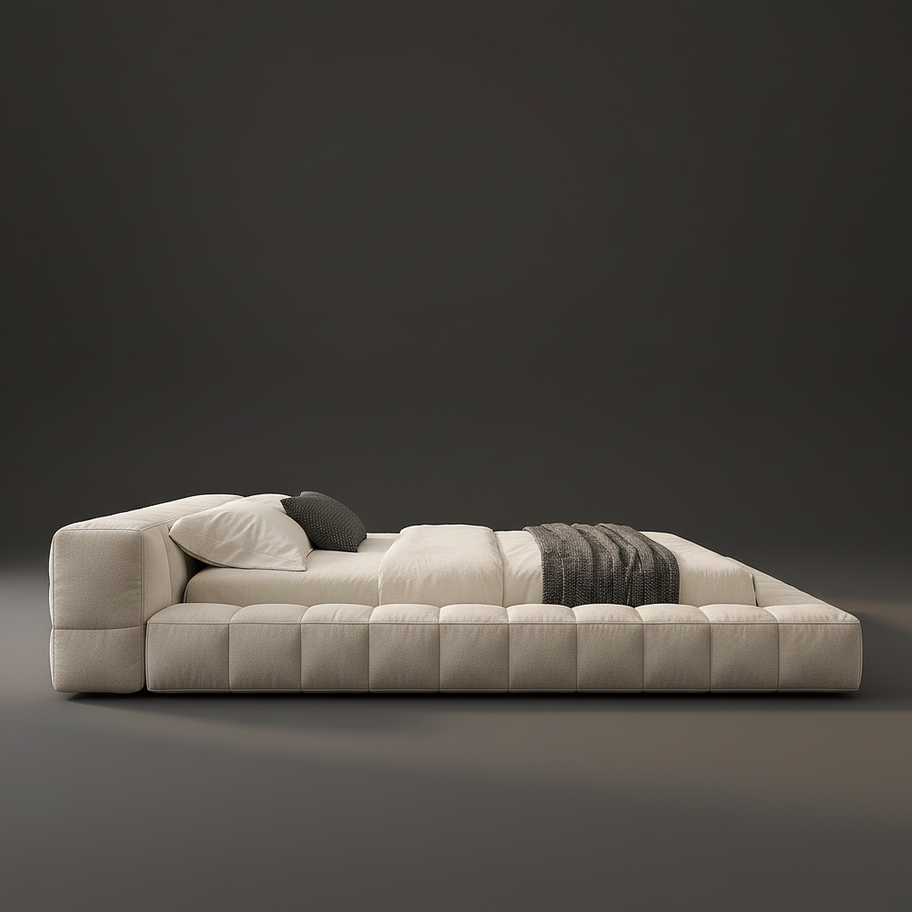 Cream Tufted Bed Side View 1