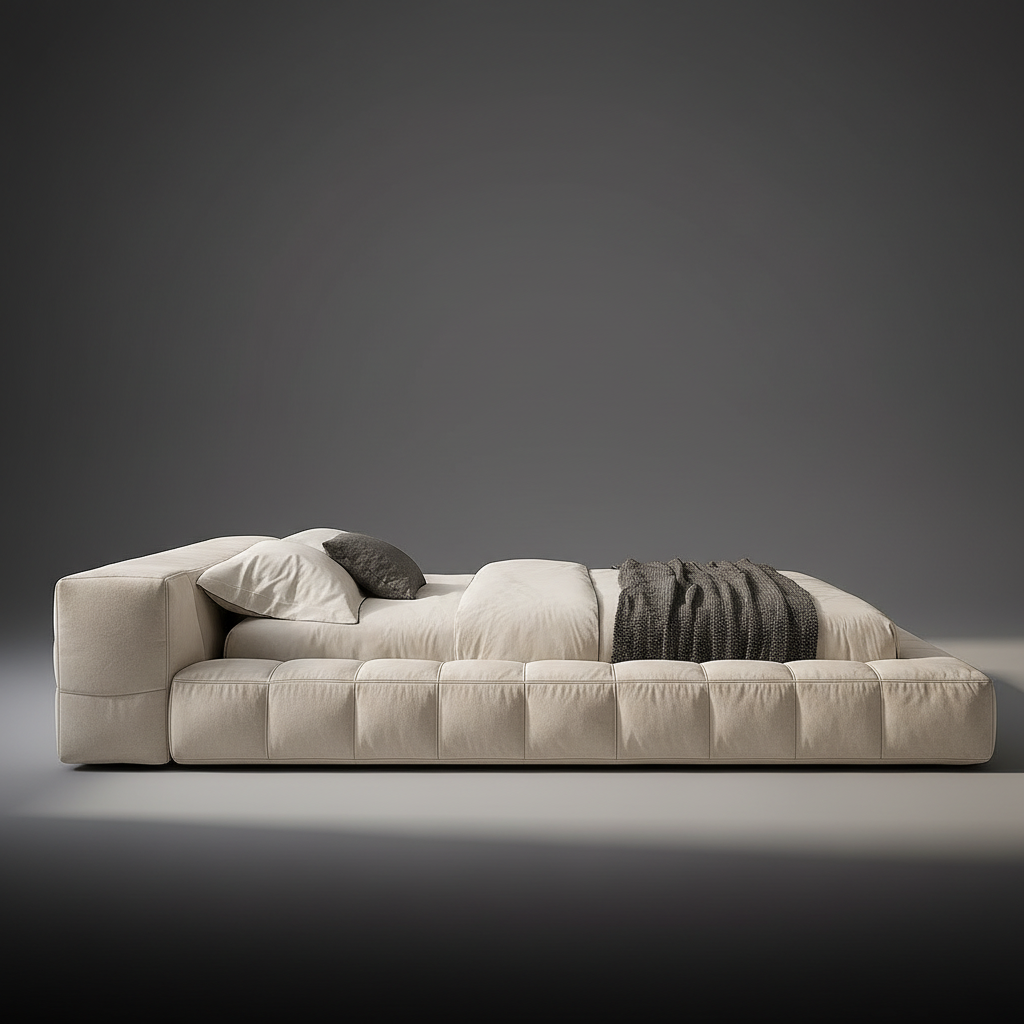Cream Tufted Bed Side View 2