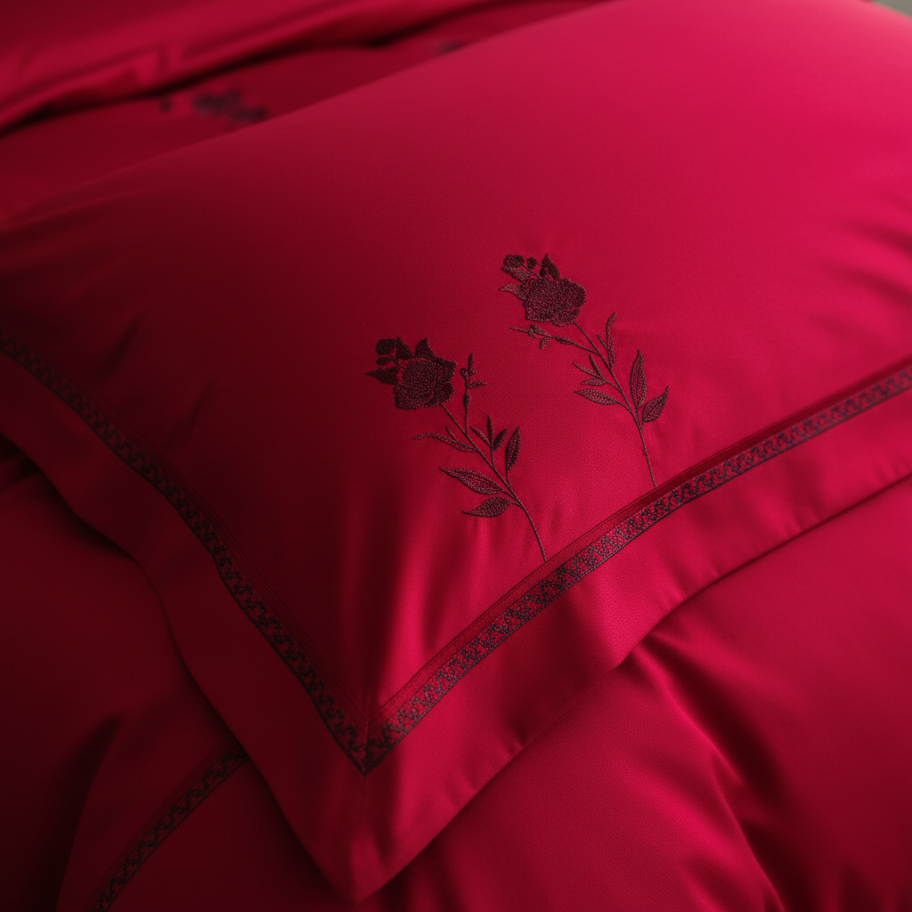 Crimson Red Bedding – Embroidered Floral & Satin Close-Up