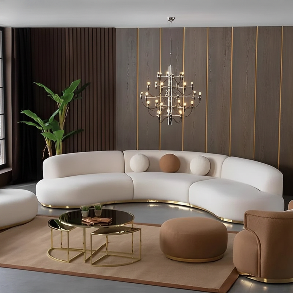 Curved Crescent Sofa – Wide Luxury Room View