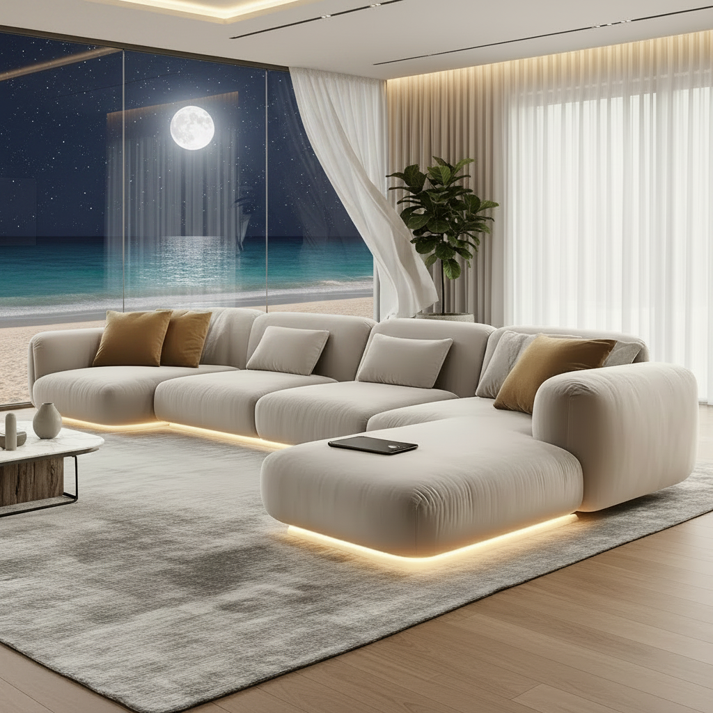 Curved Sofa – Moonlit Ocean Night View 1200×1200