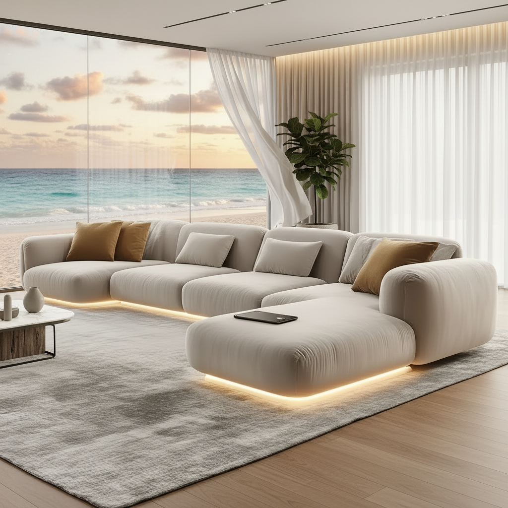 Curved Sofa – Ocean View Cozy Living Room 1200×1200