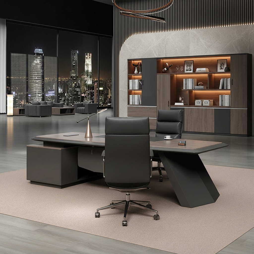 Dark desk behind chair view