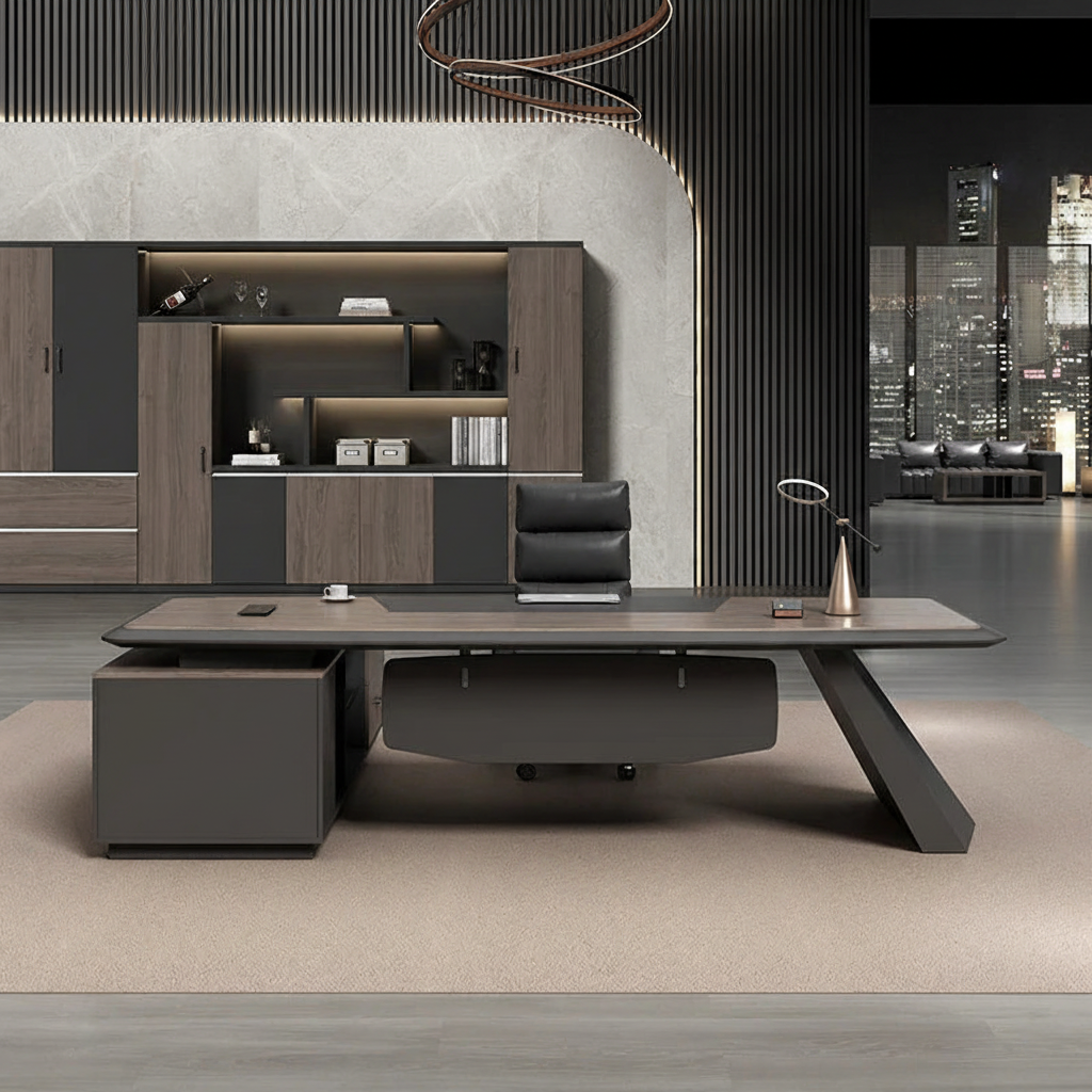 Dark executive desk aerial view