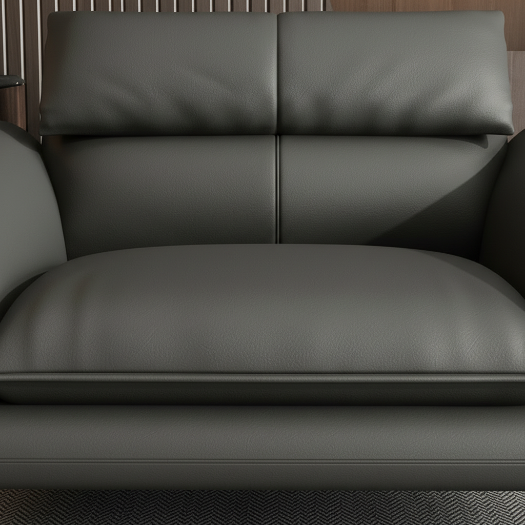 Dark Grey Leather Sofa – Leather Grain, Stitching & Flared Armrest Close-Up