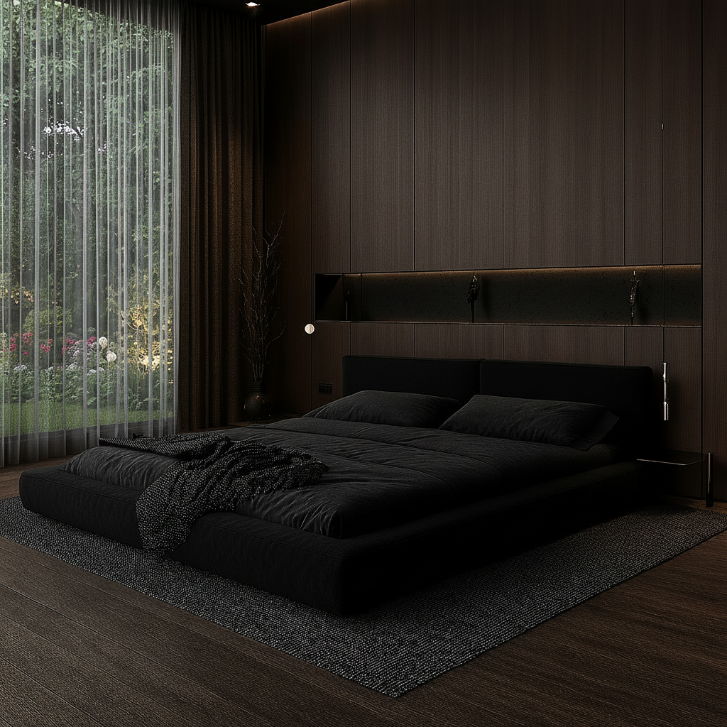Dark moody bedroom aerial view