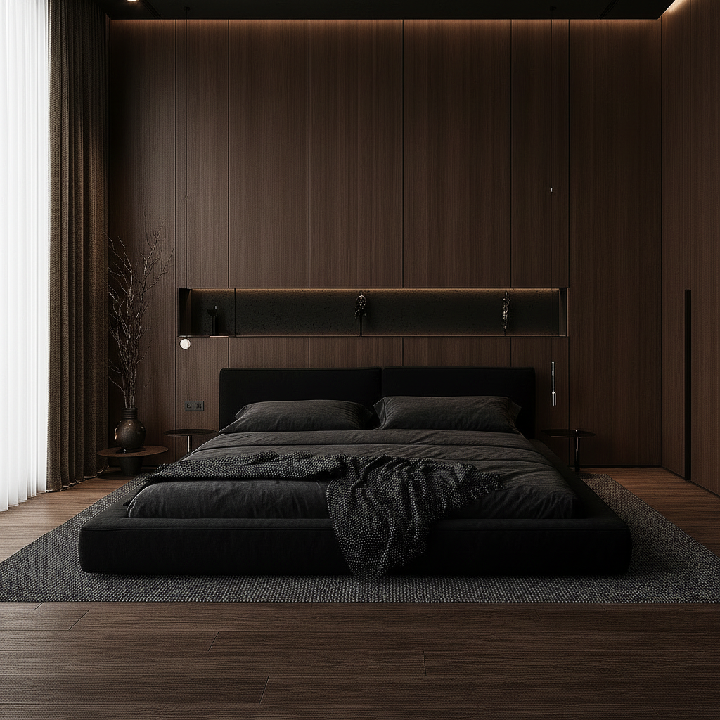 Dark moody bedroom front view