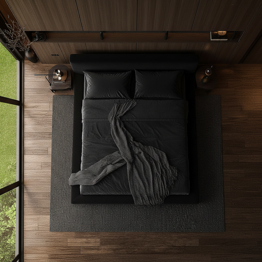 Dark moody bedroom overhead view