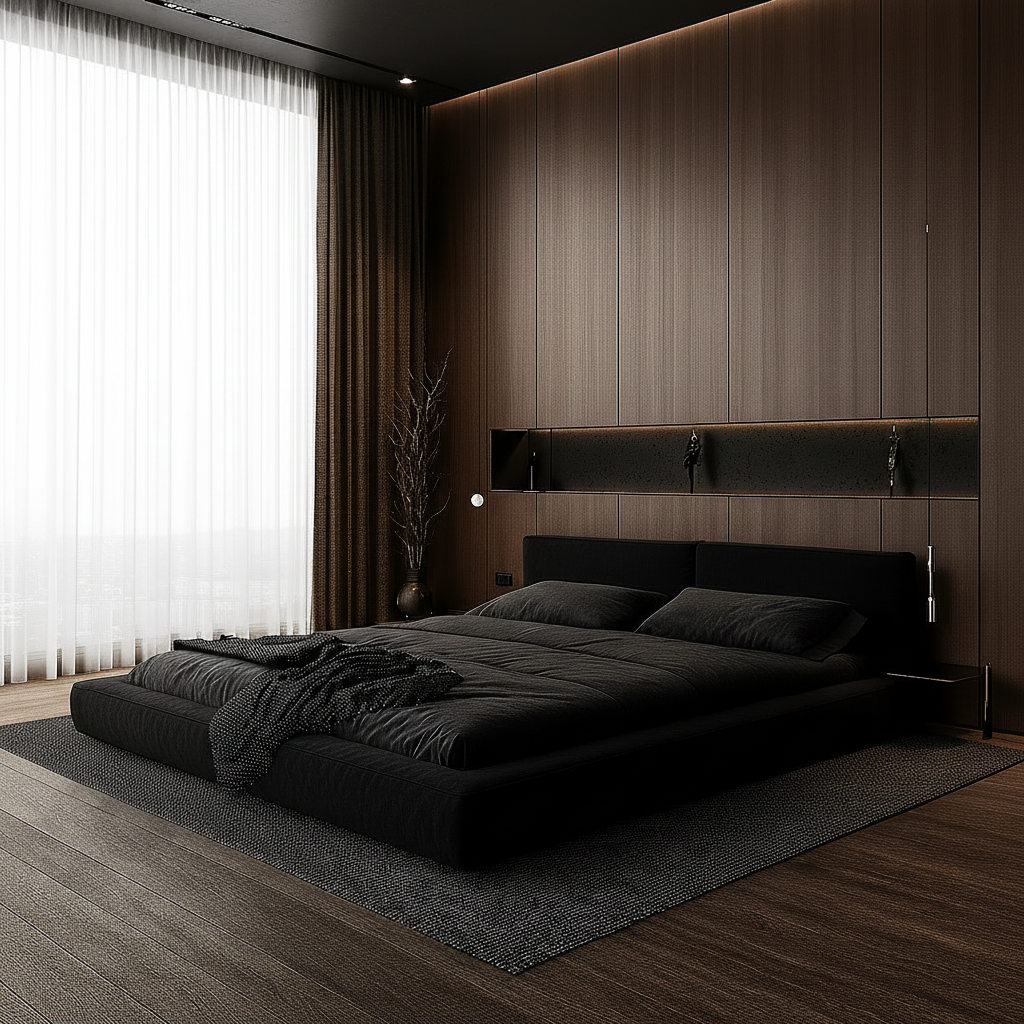 Dark moody bedroom side profile