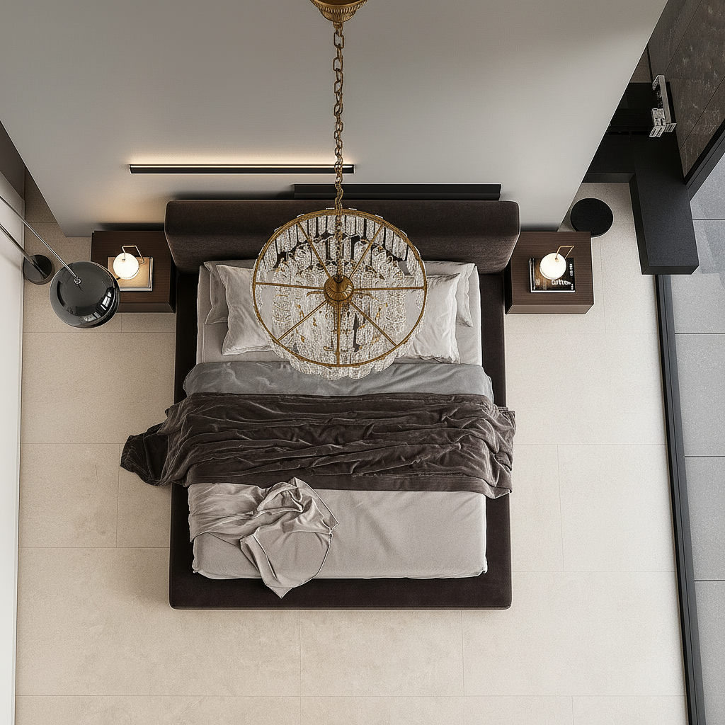Dark platform bed overhead view