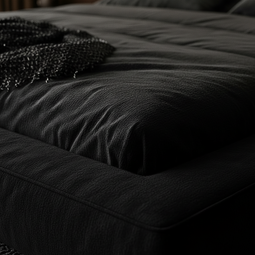 Dark velvet bed platform macro