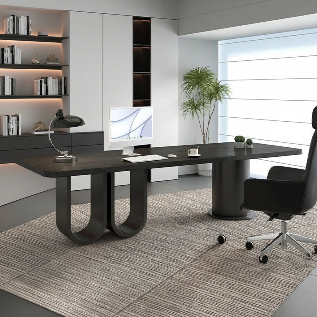 Dark wood desk 45 perspective