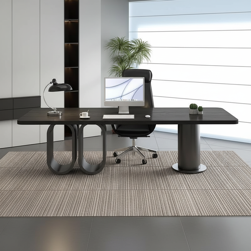 Dark wood desk front view