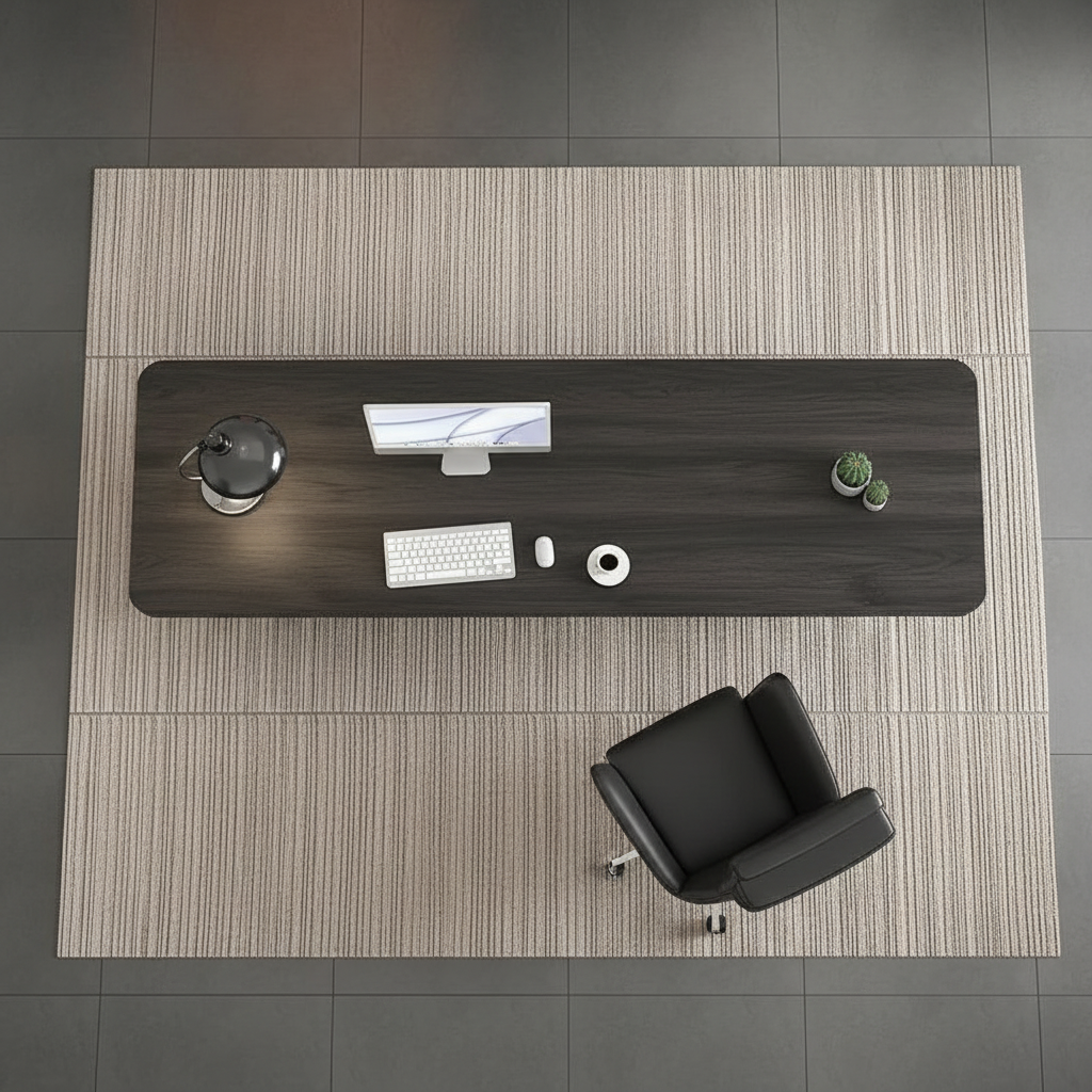 Dark wood desk overhead view