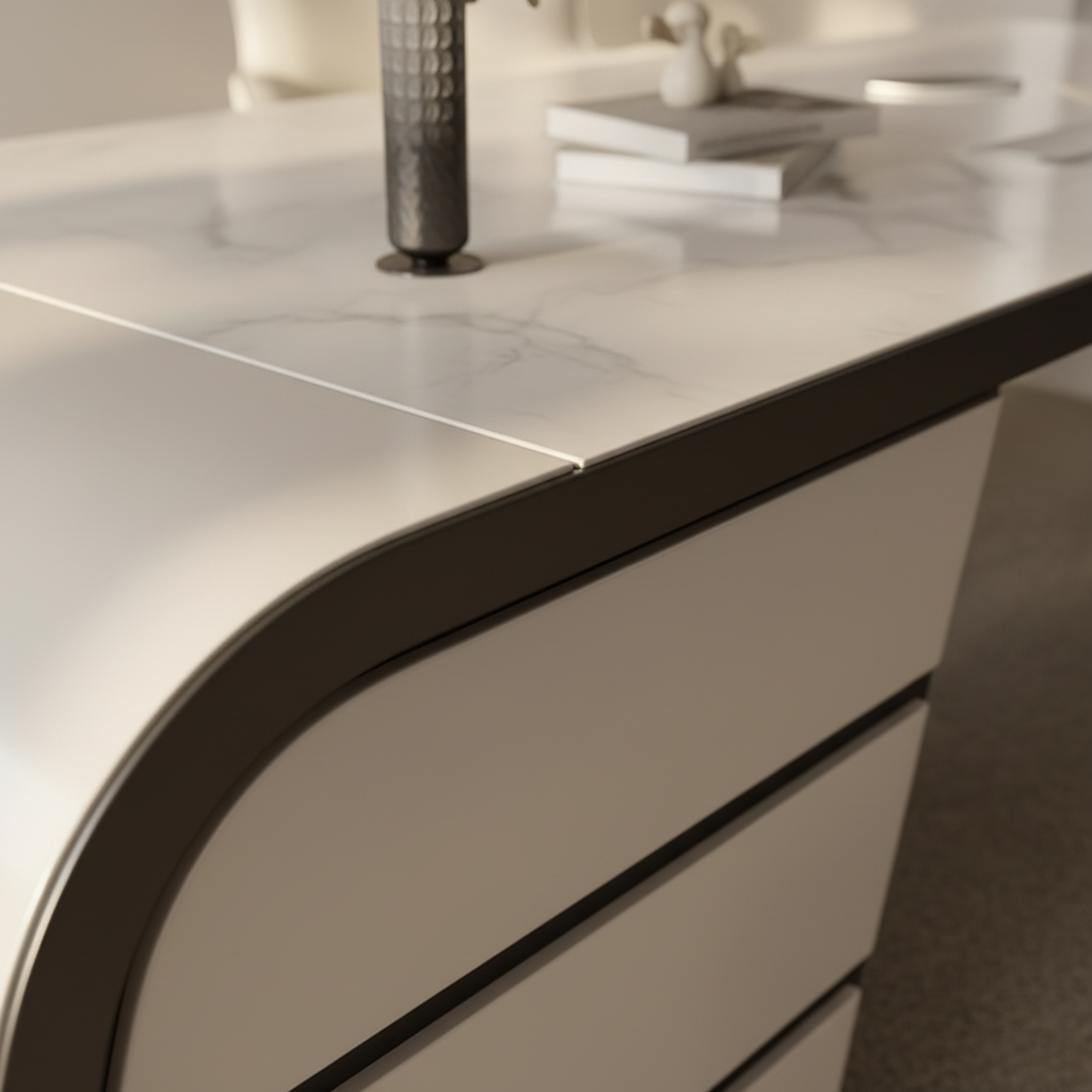 Desk bronze frame edge macro