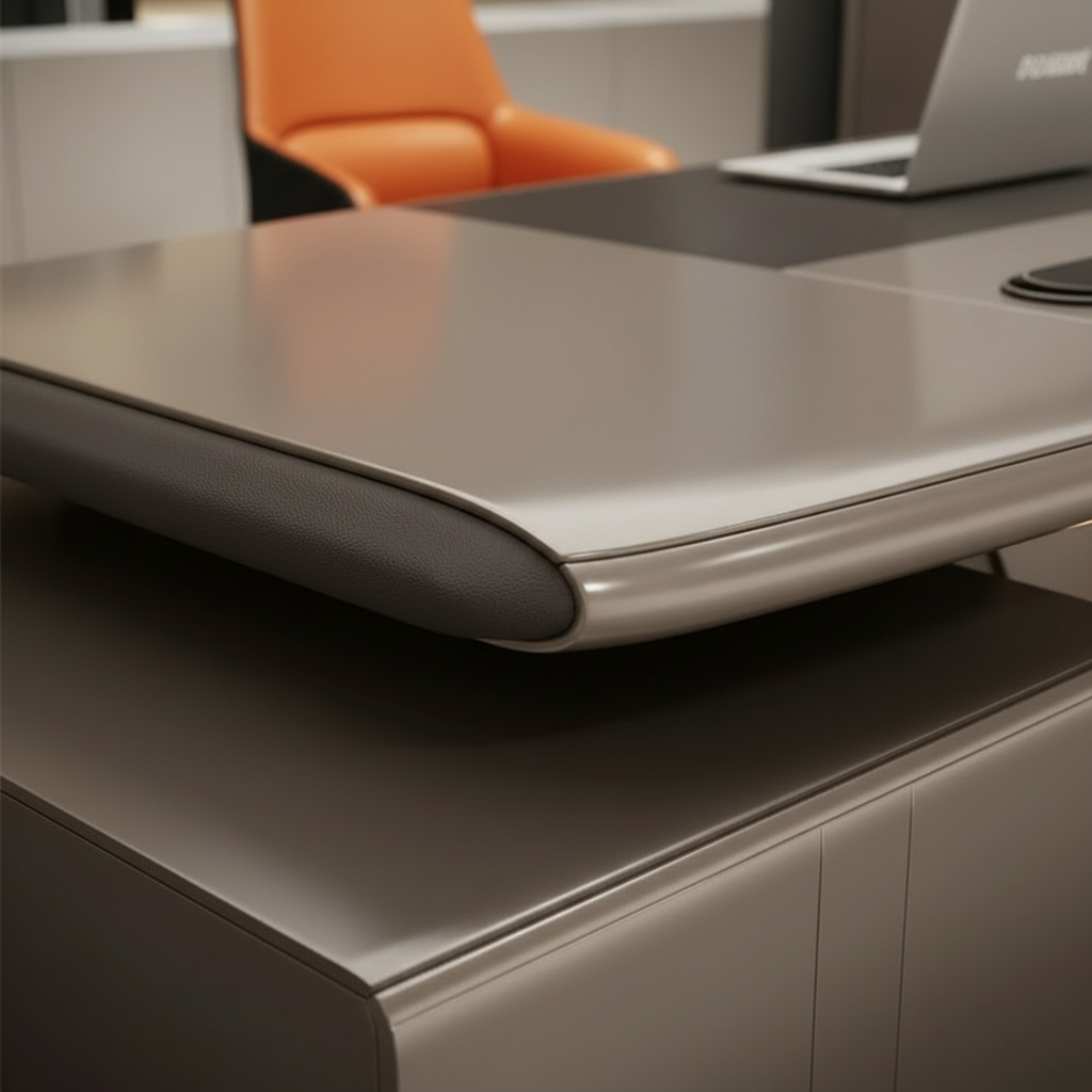 Desk front edge material junction
