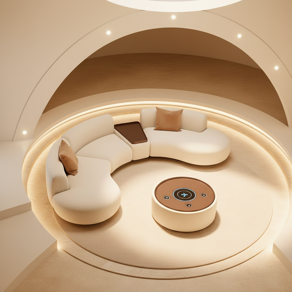 Futuristic C-Shaped Sofa – Bright Daytime Cocoon Room 1200×1200