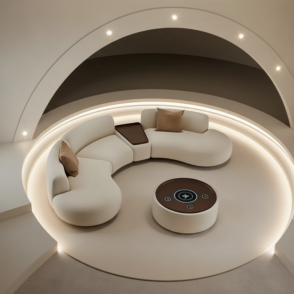 Futuristic C-Shaped Sofa – Overhead Cocoon Room