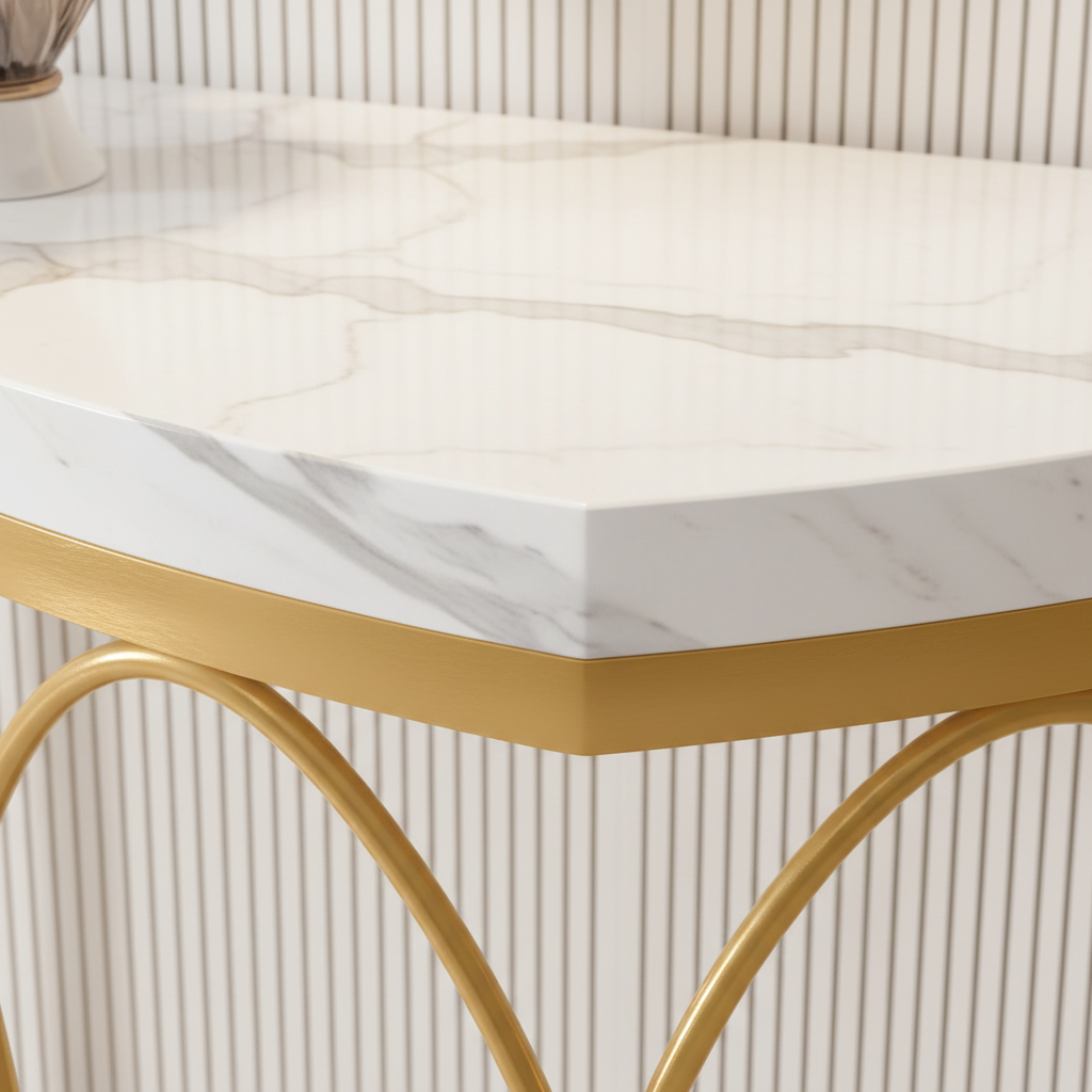 Gold Demilune Console – Calacatta Marble & Gold Lattice Close-Up