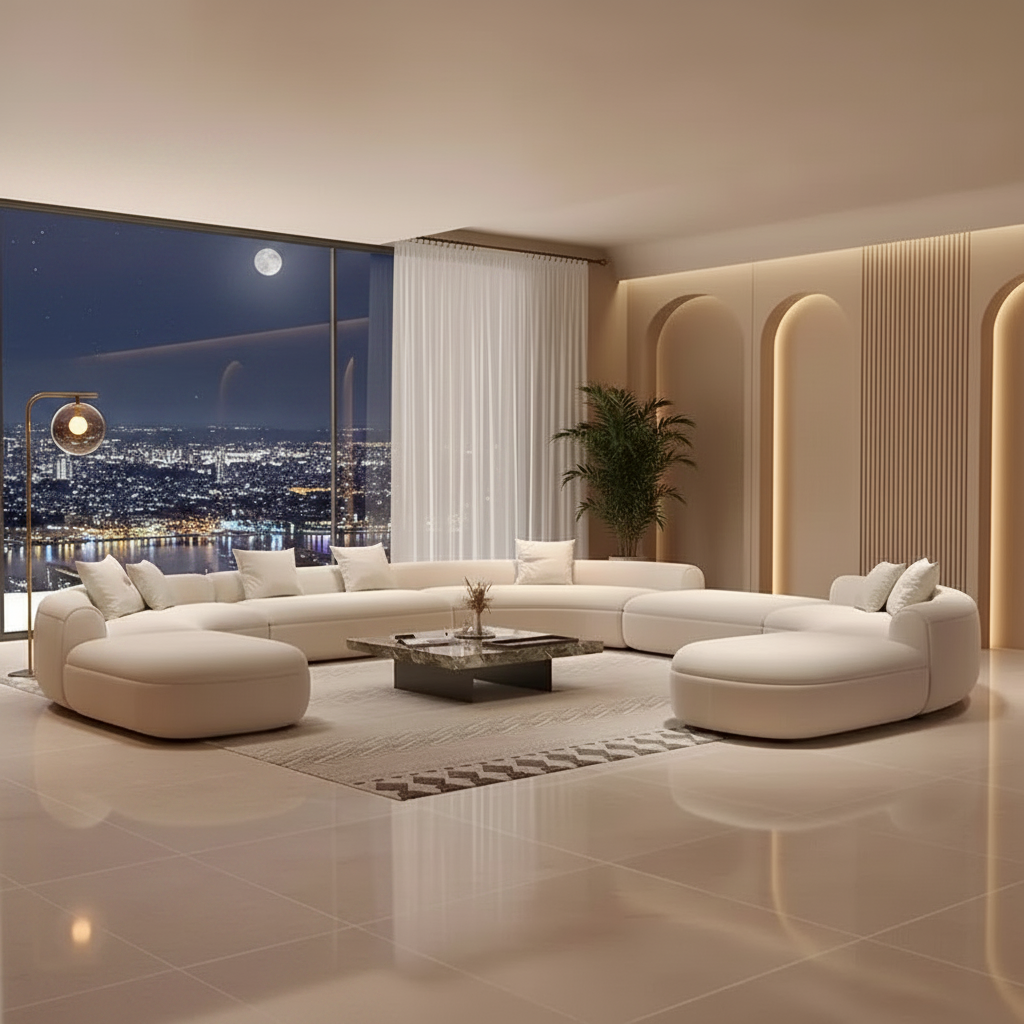 Grand Circular Sofa – Nighttime City View 1200×1200