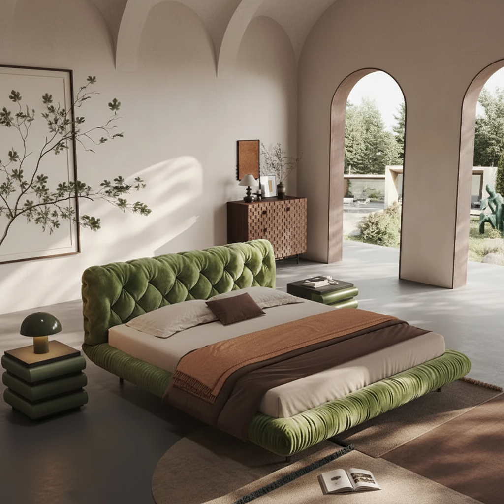 Green Velvet Bed Wide Lifestyle
