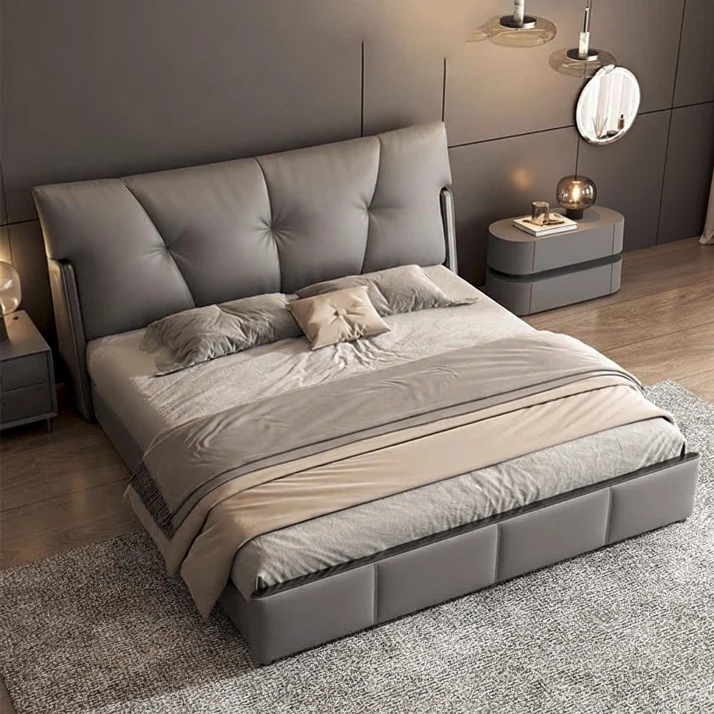 Grey Leather Bed 3/4 Angle