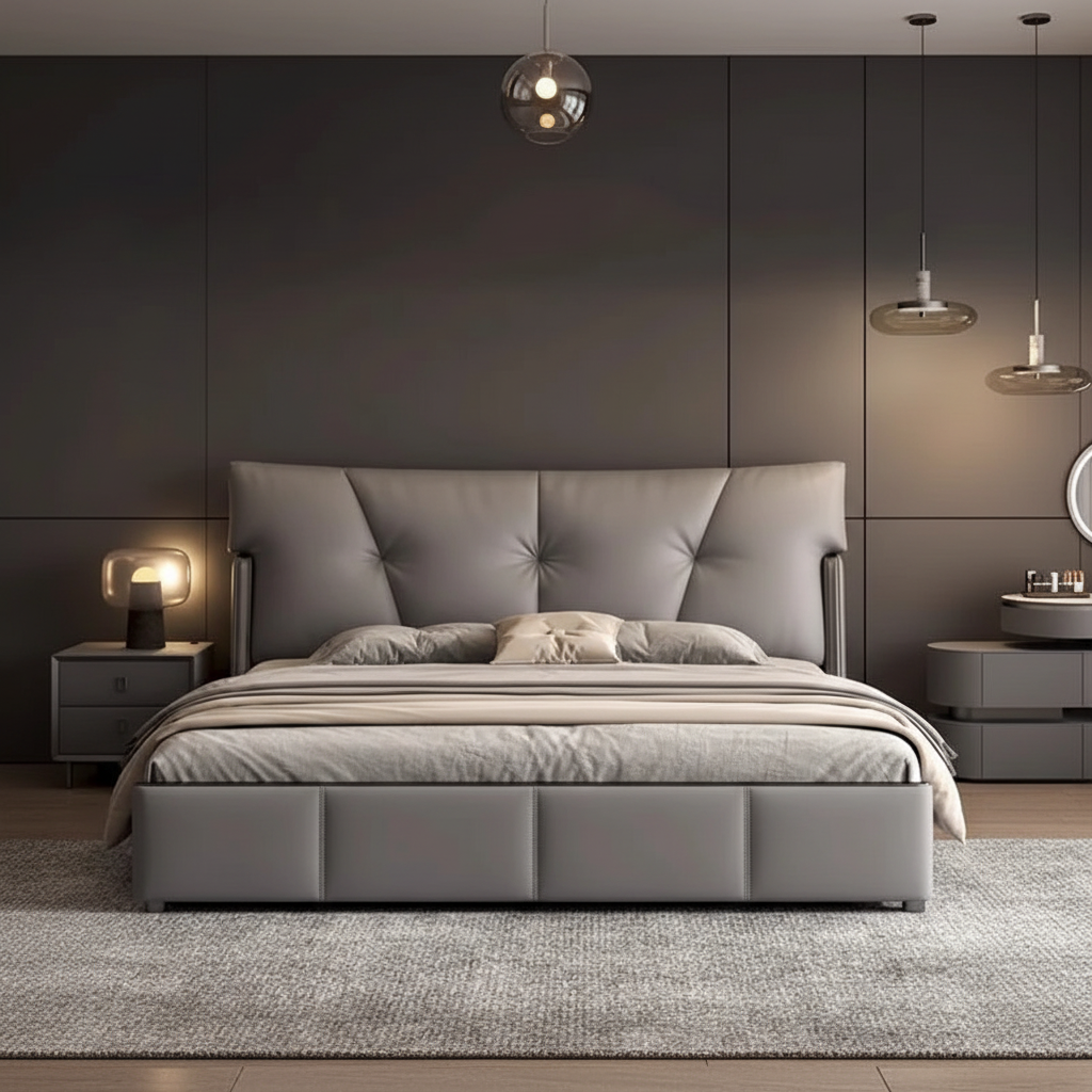 Grey Leather Bed Wide Lifestyle