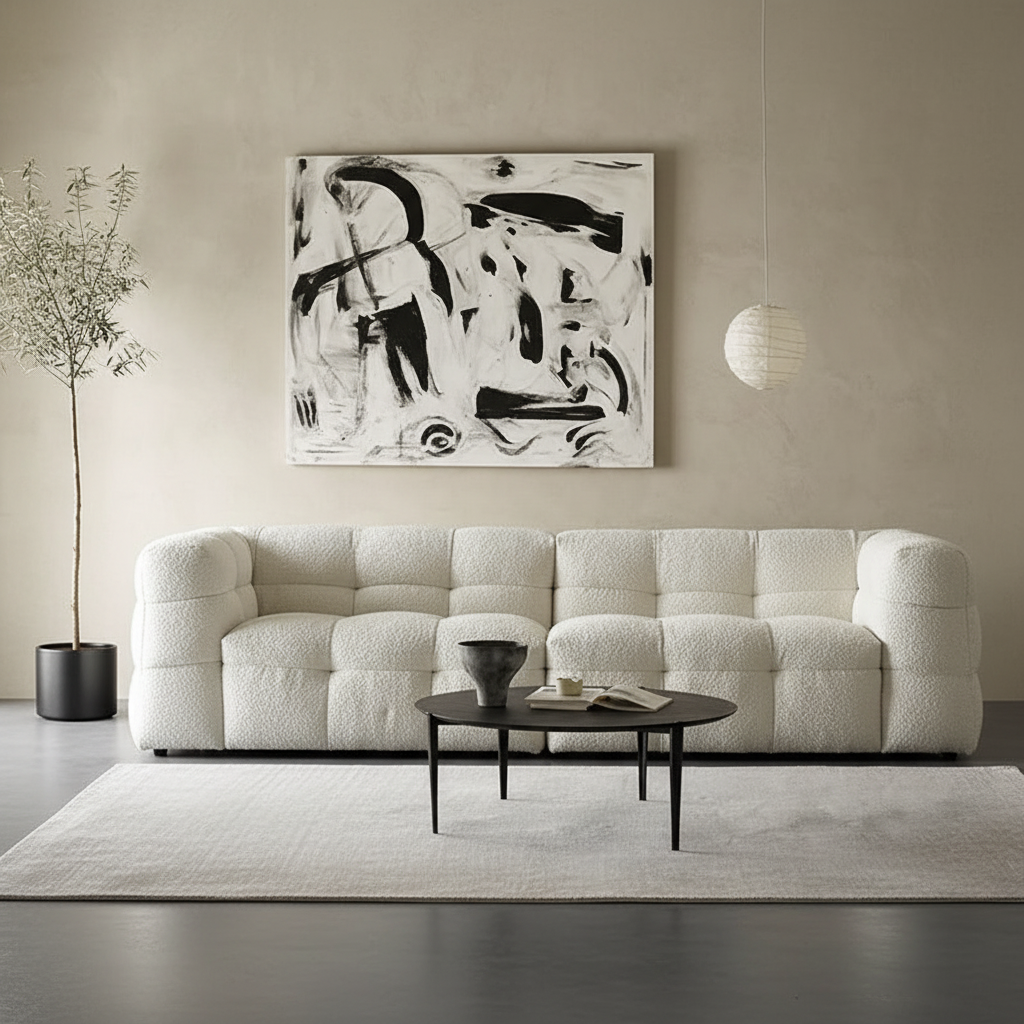 Grid-Tufted Sofa Cream – Luxury Cozy Room