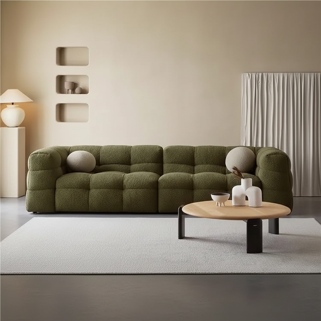 Grid-Tufted Sofa Olive Green – Luxury Cozy Room
