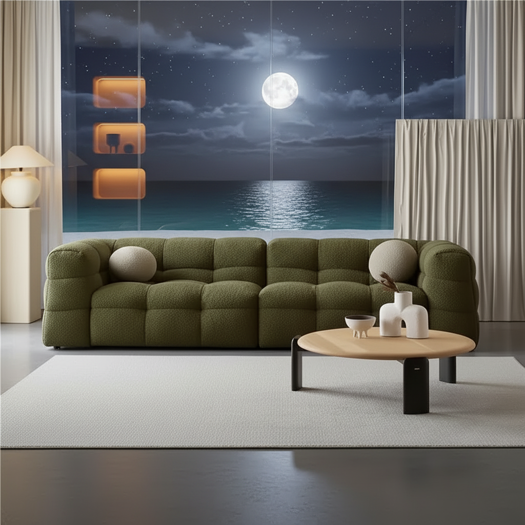 Grid-Tufted Sofa Olive Green – Moonlit Ocean Night 1200×1200