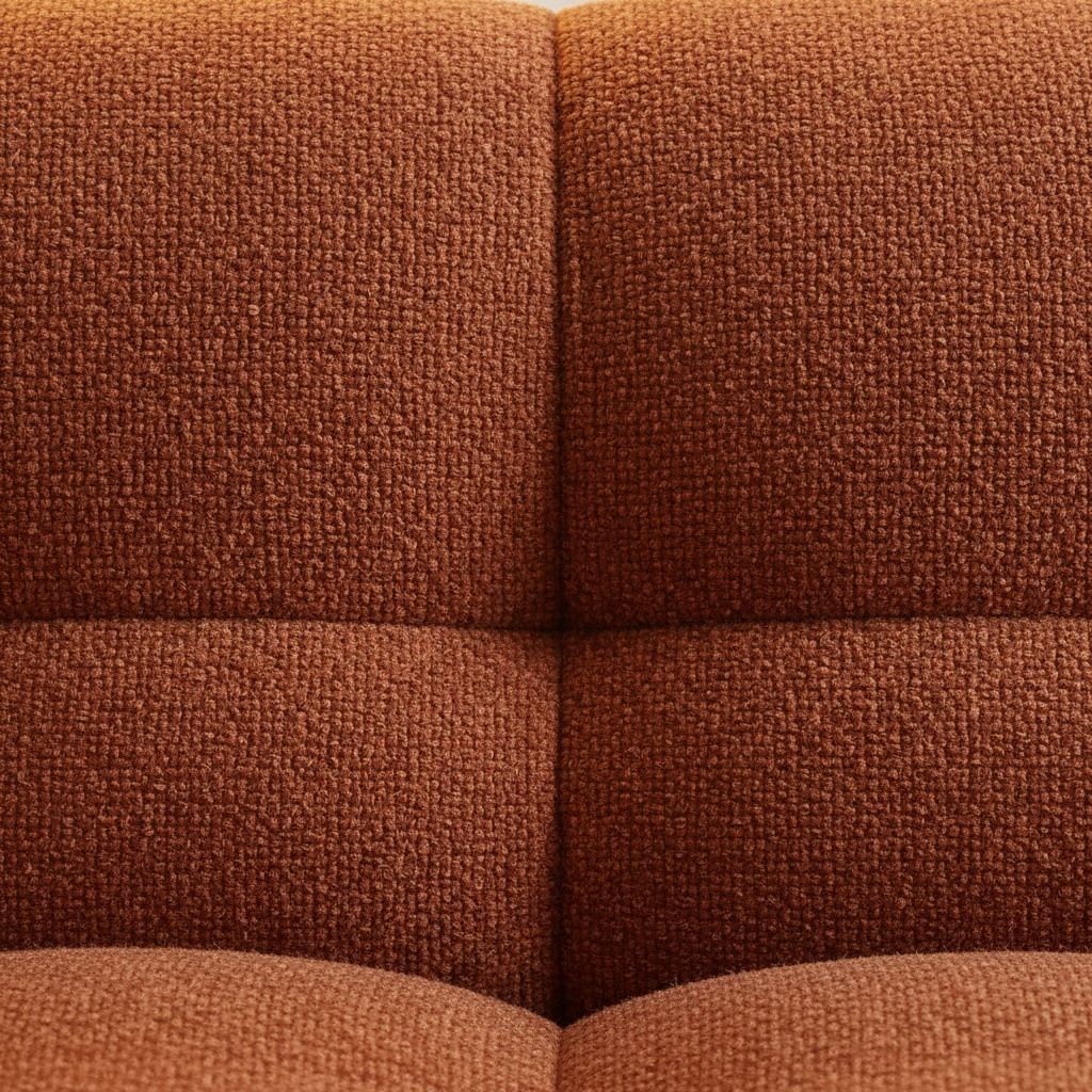 Grid-Tufted Sofa Terracotta – Bouclé Close-Up Ocean Light