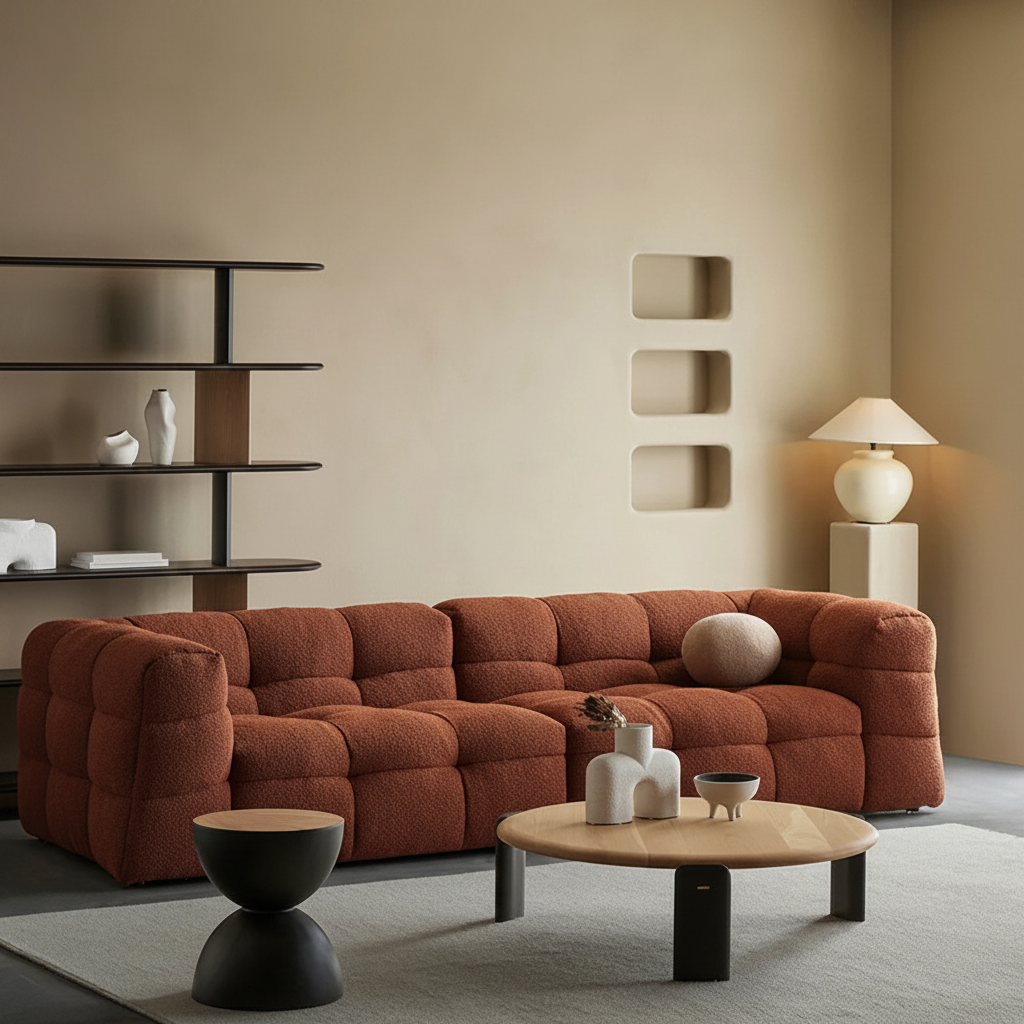 Grid-Tufted Sofa Terracotta – Luxury Cozy Room
