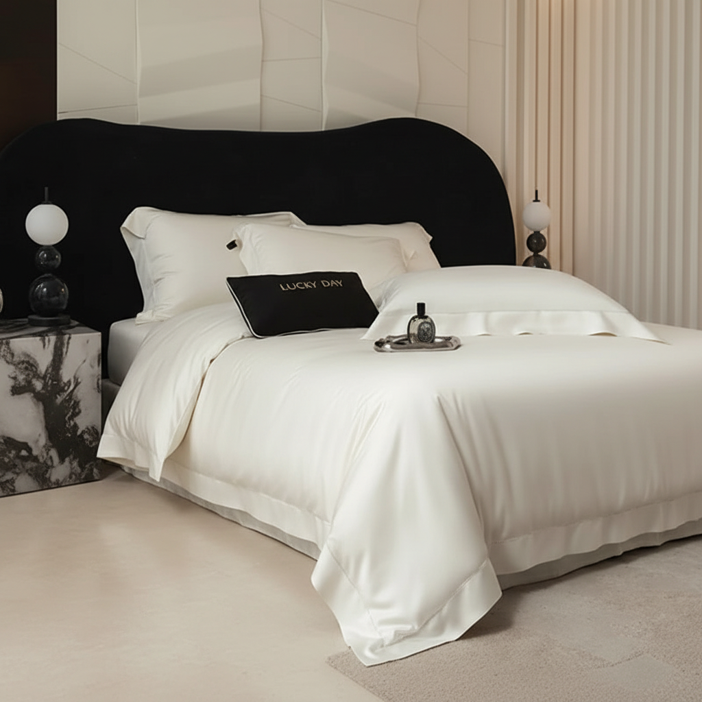 Ivory Satin Bedding – Front Left Diagonal