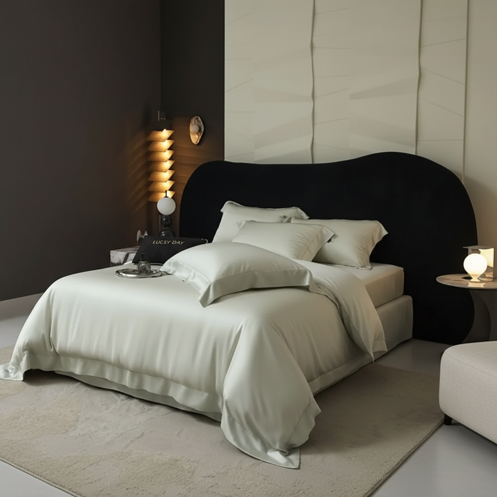 Ivory Satin Bedding – Front Right Diagonal