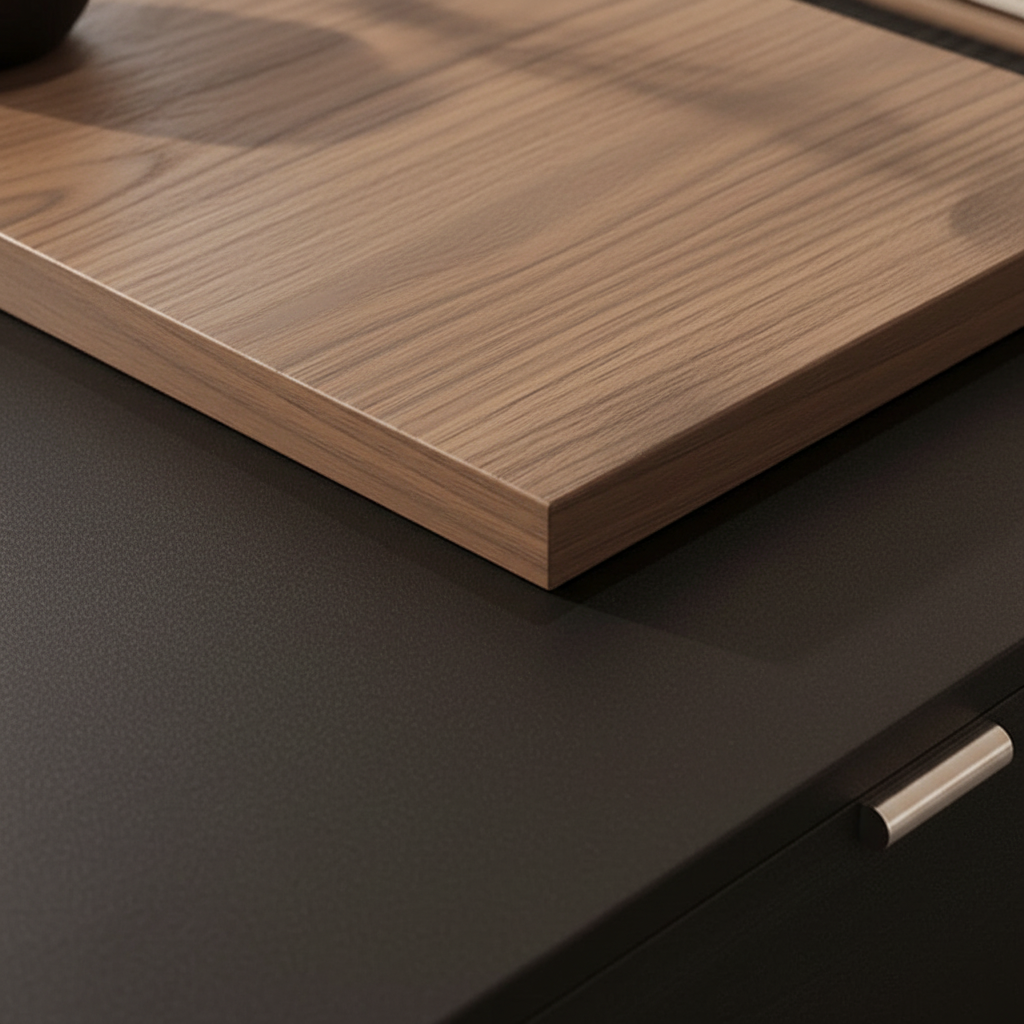 Japanese Tea Table – Walnut Grain & Matte Black Panel Close-Up