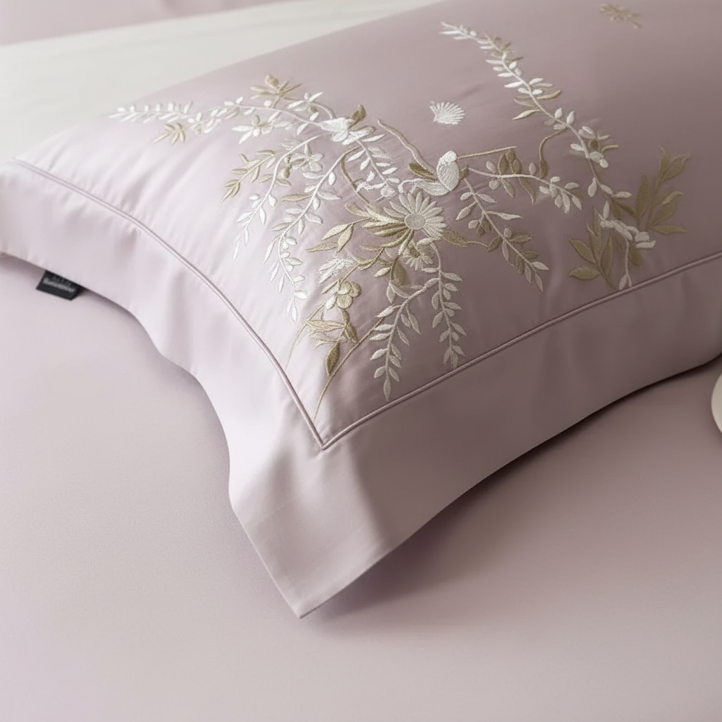Lavender Botanical Embroidery Bedding – Cotton & White Embroidery Close-Up