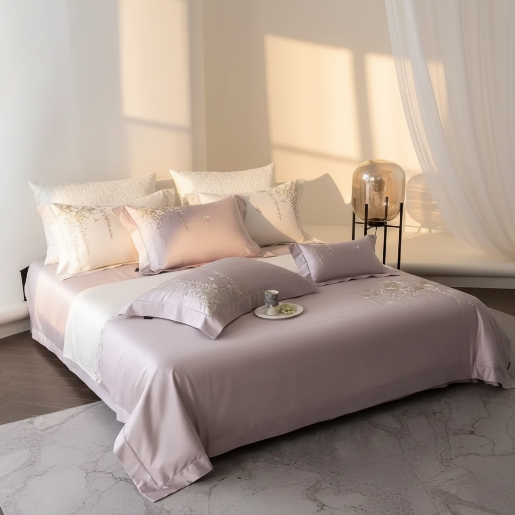 Lavender Botanical Embroidery Bedding – Front Right Diagonal